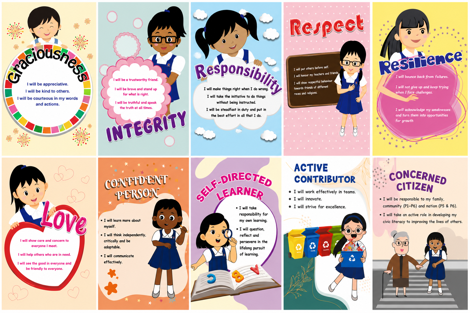 10 colorful children's value posters showing cartoon kids with themes: Love, Integrity, Resilience, Graciousness, Respect, and Responsibility.